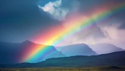 A stunning rainbow with vibrant colors over a serene mountainous landscape