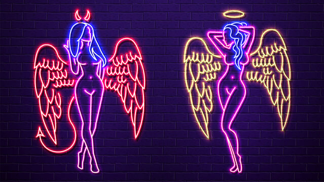 Neon sexy women and girls angel and devil in blue, pink, red and yellow on a purple brick wall background.