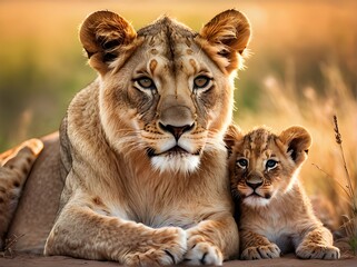 Lion cub with his mother in his habitat - HD wallpaper