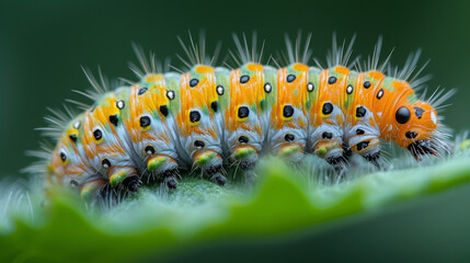 Closeup of a caterpillar inching its way through the blades of gr its small but deliberate movements adding to the overall rhythm.