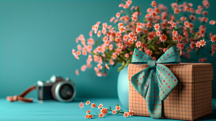 gift box, flowers and a camera on a blue background in vintage style