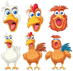 Six animated chickens showing various emotions.