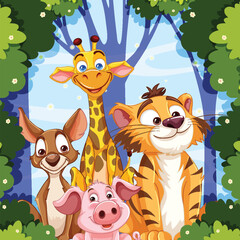 Cartoon animals smiling together in a lush forest
