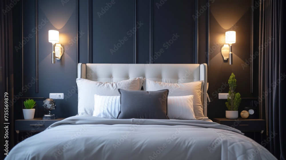 Poster a stylish bedroom with strategically p led sconces and a smart light switch to easily control lights