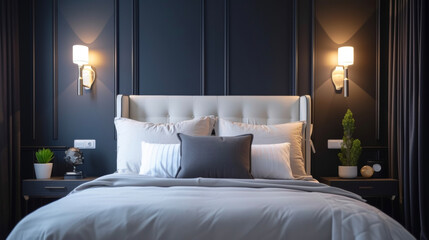 A stylish bedroom with strategically p LED sconces and a smart light switch to easily control lights without getting out of bed.