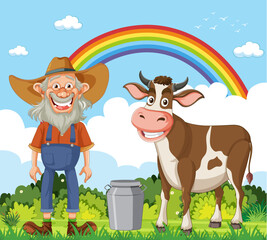 Obraz na płótnie Canvas Cartoon of a cheerful farmer with his cow