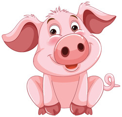 Adorable pink pig cartoon character sitting and smiling.