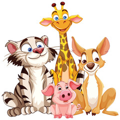 Group of cartoon animals smiling and posing together