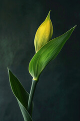Vibrant Yellow Tulip Blossom in Isolated Black Background, Capturing the Beauty of Spring Nature with Blooming Flowers and Green Leaves