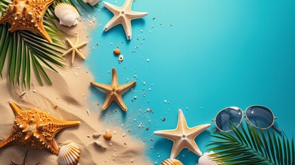 A beach scene with sunglasses and starfish on a blue background, AI - obrazy, fototapety, plakaty