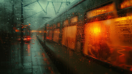 Closeup of the reflective gl of a train window capturing fleeting glimpses of ping scenery. - obrazy, fototapety, plakaty