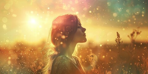 Beautiful Nostalgic Woman Background - Girl Looking into the Sky and watching her Life Time passing by - Deep Message Wallpaper created with Generative AI Technology