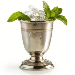 Mint Julep in a silver cup with fresh mint garnish and ice, Kentucky Derby classic, white background - obrazy, fototapety, plakaty