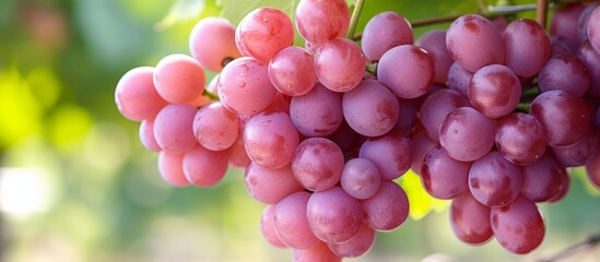 Ripe juicy grape clusters hanging from a lush green vine in a bountiful vineyard