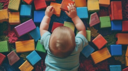 a young toddler playing with wooden block toys