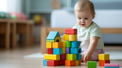 a young toddler playing with wooden block toys