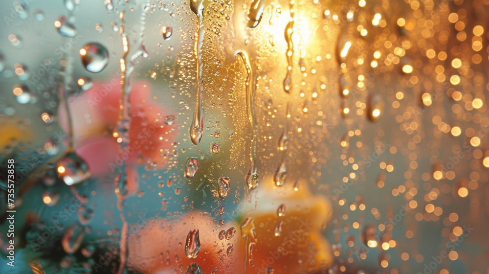 Poster Texture of droplets cascading down a window distorting the reflection and adding a playful element to the stillness of the scene.