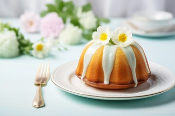 Obraz na płótnie Canvas Traditional easter cake or sweet orthodox bread decorated with sugar glaze on light background. Kulich with spring flowers for menu or recipe. Easter treat, holiday symbol