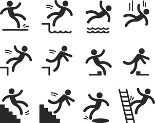 Caution symbols with stick figure man falling. Wet floor, tripping, falling from stairs, ladder, water, edge. Workplace safety and injury illustration set.