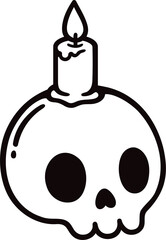 Cartoon skull drawing with candle. Hand drawn Halloween doodle icon, Day of the Dead decoration. Black and white line art illustration.