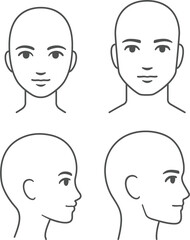 Man and woman face and head profile diagram (without hair). Blank male and female head template for medical infographic. Isolated illustration.