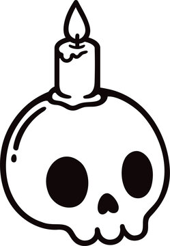 recommend clip art: Cartoon skull drawing with candle. Hand drawn Halloween doodle icon, Day of the Dead decoration. Black and white line art illustration.