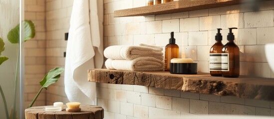A bathroom in a house featuring a wooden shelf adorned with bottles and towels, adding a touch of rustic charm to the space.