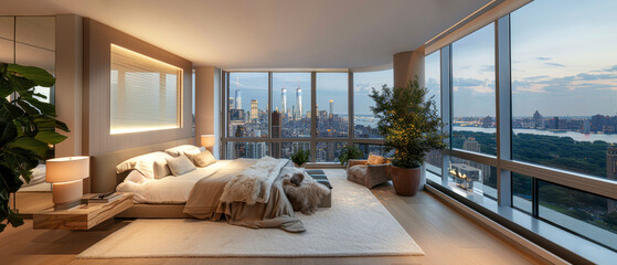 An elegantly designed penthouse luxury bedroom featuring warm, ambient lighting that offers a magnificent view of the New York City skyline. - obrazy, fototapety, plakaty