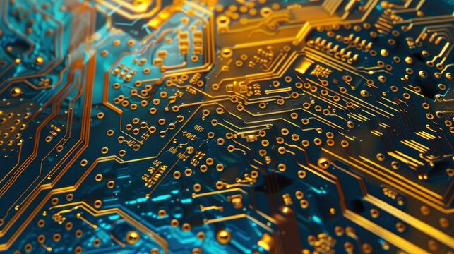 Cybersecurity and information technology. Blue, gold background with digital integrated network technology. Printed circuit board. Technology background. 3D illustration - generative ai