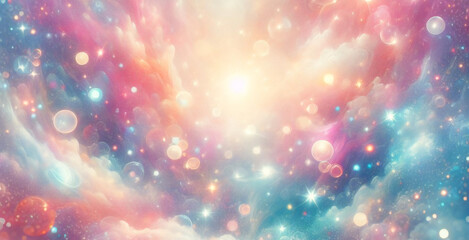 Bokeh sky background. Light pink pastel galaxy abstract wallpaper with glitter stars. Fantasy space with sparkles. Holographic fantasy rainbow unicorn background with clouds and stars.