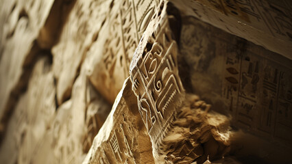 Whispers in Stone: Close-Up of Hieroglyphs on Pyramid Wall