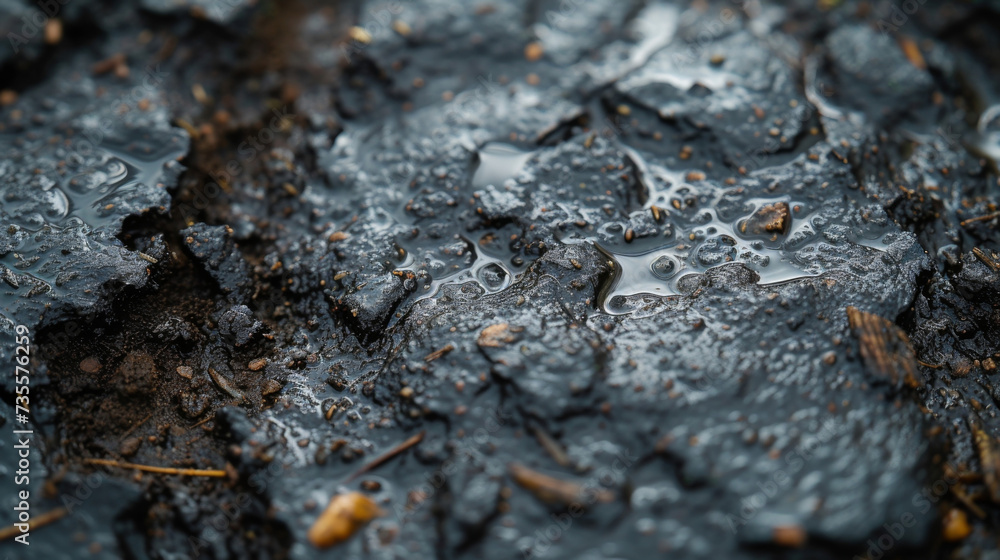 Poster Texture of muddy soil after a heavy rain with tiny pebbles and twigs protruding from the surface.