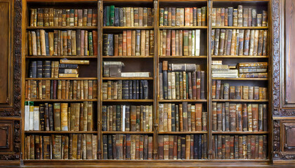 Big bookshelf background. Image material with many books lined up.