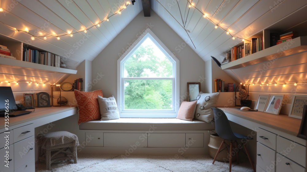 Poster turn your attic into a hidden workspace with builtin shelves and desk space for two a cozy window se