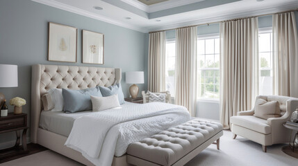 A serene master bedroom with soft flowing curtains in a pale blue shade creating a calming and peaceful atmosphere perfect for relaxation.