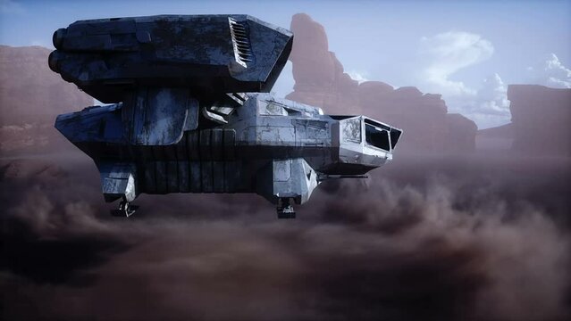 Flying futuristic spaceship on alien planet, Mars. Realistic 4k animation.