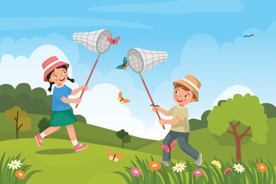 Cute little kids boy and girl catching butterfly with net at the garden in the spring season
