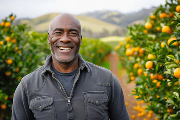 Naklejka na ściany i meble Middle aged black man in orange orchard