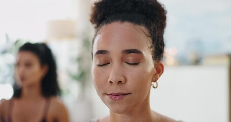 Meditation, woman and breathing class in home for health, wellness and care in living room. Calm, relax and peace of an African female person in a lounge with spiritual practice in a house for zen