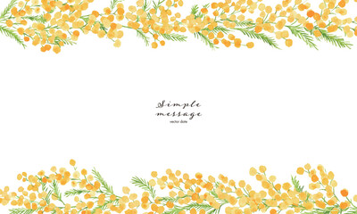 水彩画。水彩タッチのミモザイラスト。ミモザのベクター背景イラスト。春のミモザフレーム。Watercolor painting. Mimosa illustration with watercolor touch. Mimosa vector background illustration. Spring mimosa frame.