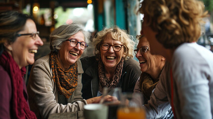 Group of senior woman enjoying being together at a cafe - obrazy, fototapety, plakaty