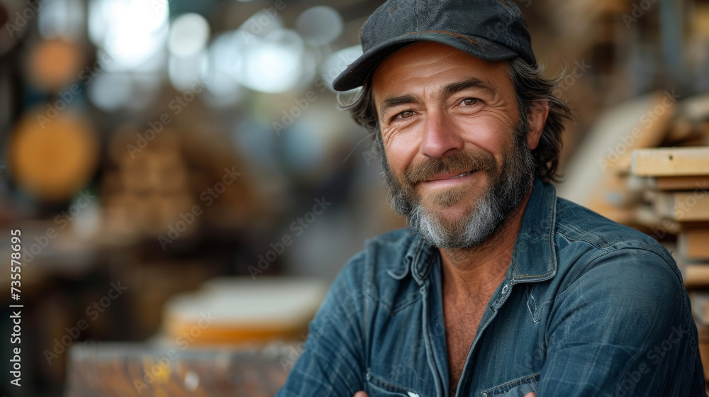 Poster a picture of a craftsman inspecting a finished project with a satisfied smile showing the pride and 
