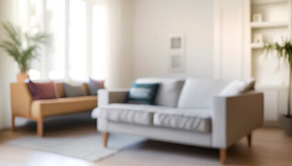 Fototapeta na wymiar Blurred view of light living room with sofa and soft bench