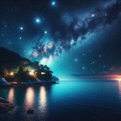 Milky Way, sunset over the ocean, Night starry sky. Milky Way, stars and nebula, Milchstraße,...