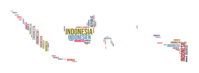 Indonesia country shape word cloud. Typography style country illustration. Indonesia image in text cloud style. Vector illustration.