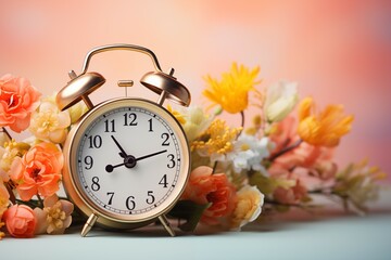 A vintage alarm clock surrounded by a vibrant array of spring flowers
