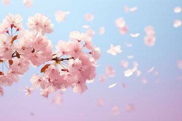 A cherry blossoms with petals gently falling against a soft, pastel sky with copy space