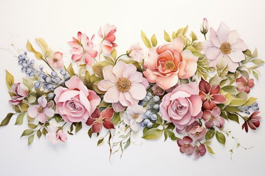 A watercolor painting of a floral garland, featuring roses and wildflowers in soft pastel hues