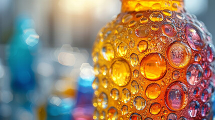 Closeup of a shimmering texture of light reflecting off the textured surface of a clear gl bottle revealing a spectrum of colors and patterns. - obrazy, fototapety, plakaty