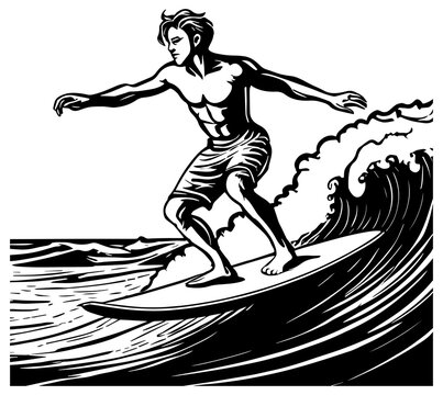 An illustration of a man surfing on a wave.